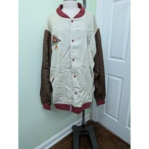 LRG Lifted Research Group Mens Varsity Jacket Cream Brown Linen Embroidered 4XL